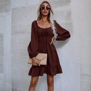 Knot Front Lantern Sleeve Ruffle Hem Dress
